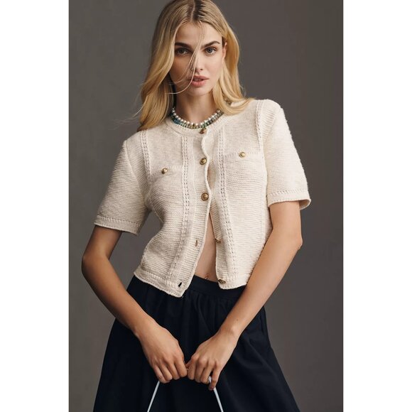 SAM EDELMAN Colleen Short-Sleeve Cardigan Sweater in White Size Small - Picture 2 of 9